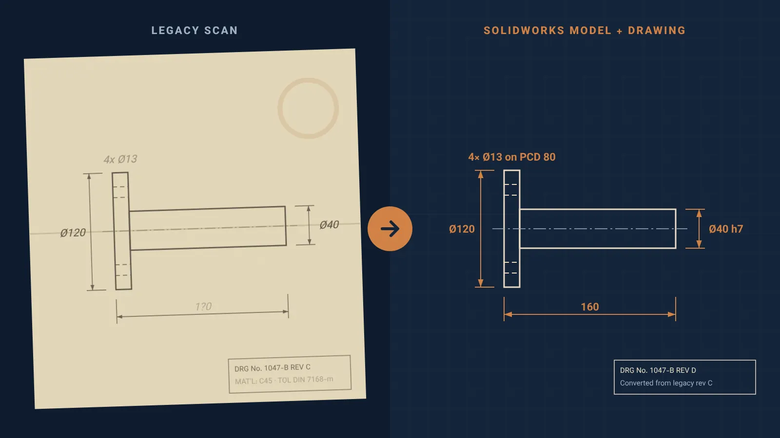 A faded scanned engineering drawing of a flanged shaft next to the same part rebuilt as a clean SolidWorks drawing